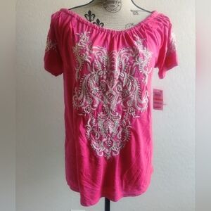 🆕 INC International Pink short sleeve top w/ embroidered beaded goat design_SM